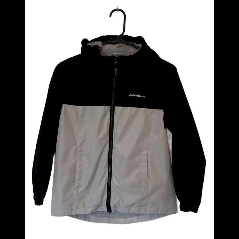 Eddie Bauer Windbreaker Jacket Full Zip Hooded Black Gray Kids Size Small (7/8)